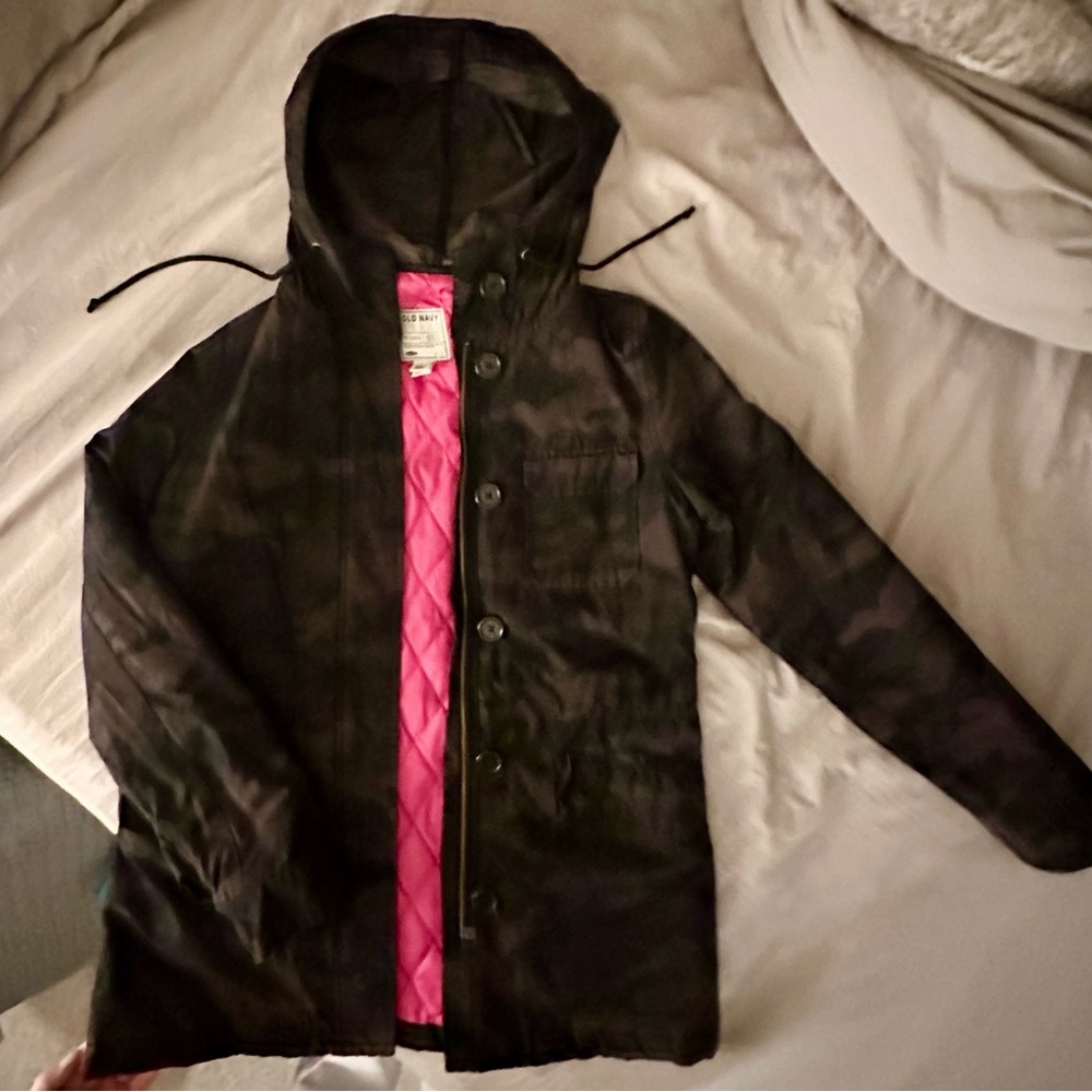 Black Camo Print, Hooded Jacket with Bright Pink Quilted Lining